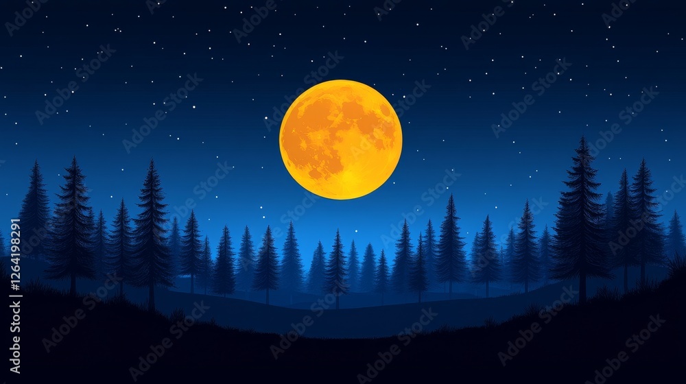 Naklejka premium Pixelated Moonlight Serenity A Lo Fi Nightscape with Glowing Moon and Starry Sky over Misty Woodland,Artistic Pixel Art