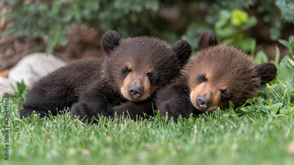 Two Adorable Grizzly Bear Cubs Snuggling in Grass Two Adorable Grizzly Bear Cubs Snuggling in Grass