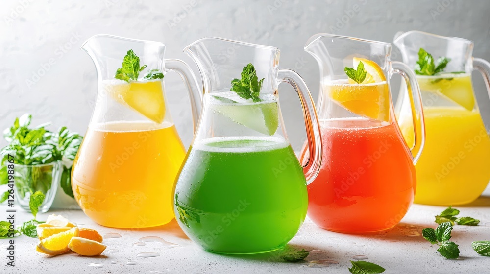 Fototapeta premium Refreshing colorful drinks in glass pitchers with mint and citrus on a bright table top
