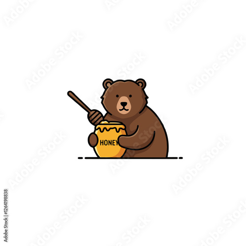 Cute Brown Bear Enjoying Honey from a Jar in a Cartoon Style