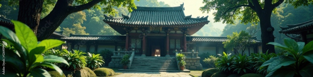 Shrouded temple entrance amidst dense foliage, foliage, jungle, exotic leaves Shrouded temple entrance amidst dense foliage, foliage, jungle, exotic leaves