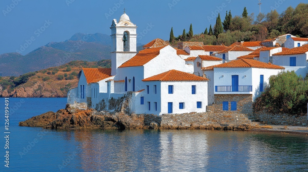 Fototapeta premium Idyllic seaside village with white buildings and orange roofs on rocky coast reflecting on tranquil turquoise water long shot