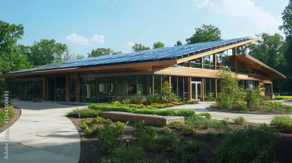 Modern Solar Powered Community Center With Green Landscaping Modern Solar Powered Community Center With Green Landscaping