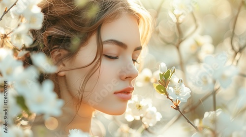 brown haired young woman among white blossoms
