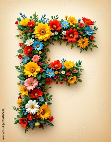 letter, F, floral, flowers, vibrant, colorful, artistic, elegant, design, organic, natural, red, yellow, pink, blue, white, blooms, green, leaves, accents, beige, background, soft, texture, warm, 