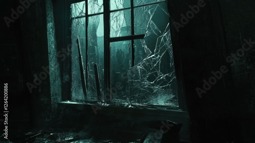 A broken window with jagged shards still in the frame, revealing a dark and mysterious scene beyond. photo