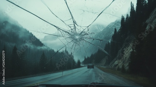 A car windshield with a large spiderweb-like crack from a central impact, symbolizing destruction or accident. photo