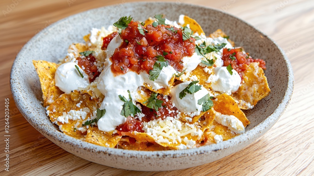 Delicious nachos with melted cheese sour cream and fresh salsa on a wooden table top view Delicious nachos with melted cheese sour cream and fresh salsa on a wooden table top view