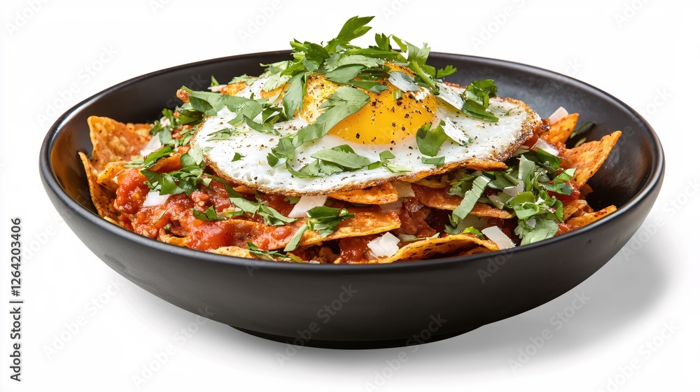 Delicious Huevos Rancheros Bowl with Fried Egg and Tortilla Chips in a Black Serving Bowl Delicious Huevos Rancheros Bowl with Fried Egg and Tortilla Chips in a Black Serving Bowl