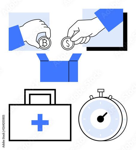 Hands dropping cryptocurrency and dollar coins into donation box, medical kit, and stopwatch. Ideal for finance, crowdfunding, healthcare, emergency aid, time management, charity abstract line flat