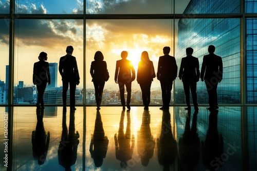 夕日を背にしたビジネスチームが高層ビルの窓辺に立つシルエット（企業の成長・リーダーシップ・チームワーク・未来）