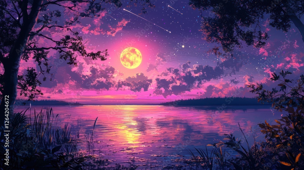 Obraz premium Serene Lakeside Sunset With Full Moon And Shooting Stars
