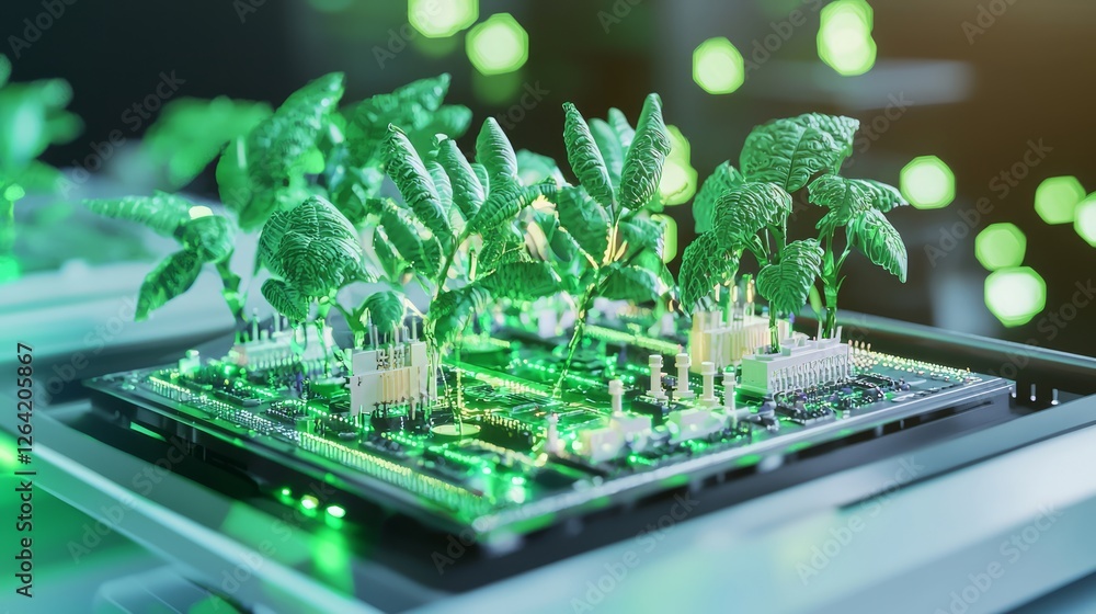 Obraz premium Green Technology Startup Development with Plants and Circuit Board
