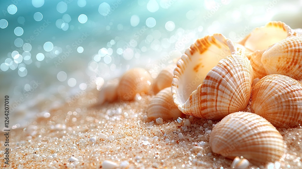 Close-up of seashells on a sandy beach with gentle waves and shimmering water in the background Close-up of seashells on a sandy beach with gentle waves and shimmering water in the background