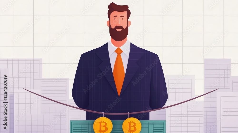 Businessman Standing Confidently with Bitcoin in Front of Financial Background