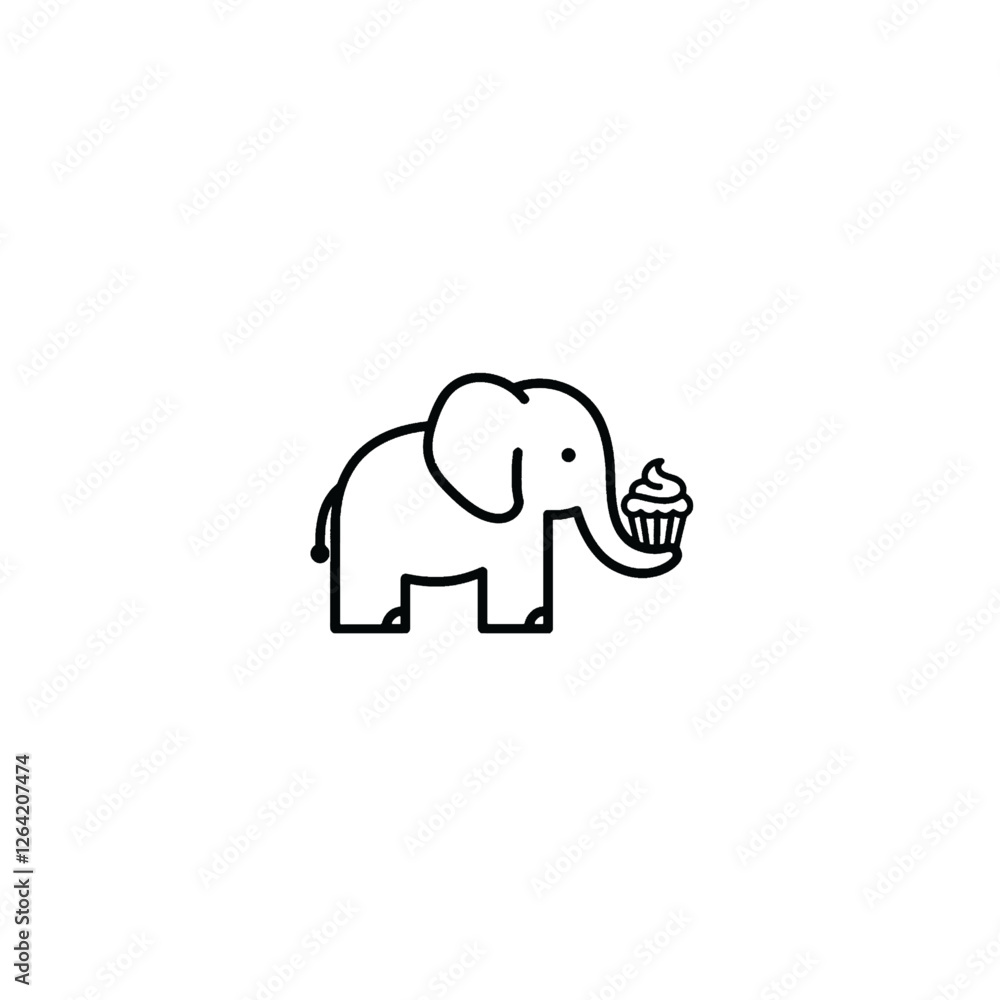 Minimalist Illustration of Elephant Holding a Cupcake in Black and White Minimalist Illustration of Elephant Holding a Cupcake in Black and White