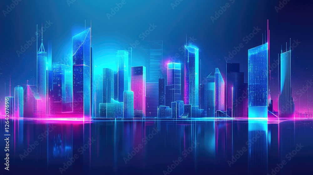 Futuristic city skyline at night with neon lights reflecting on water, vibrant atmosphere Futuristic city skyline at night with neon lights reflecting on water, vibrant atmosphere