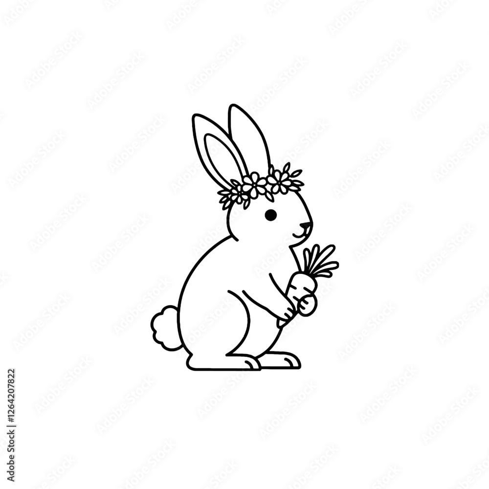 Cute Bunny Holding a Carrot with Flower Crown Artwork Cute Bunny Holding a Carrot with Flower Crown Artwork