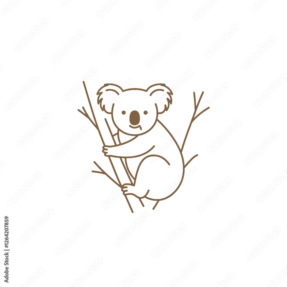 Fototapeta premium Cute Cartoon Koala on a Tree Branch in a Minimalist Line Drawing