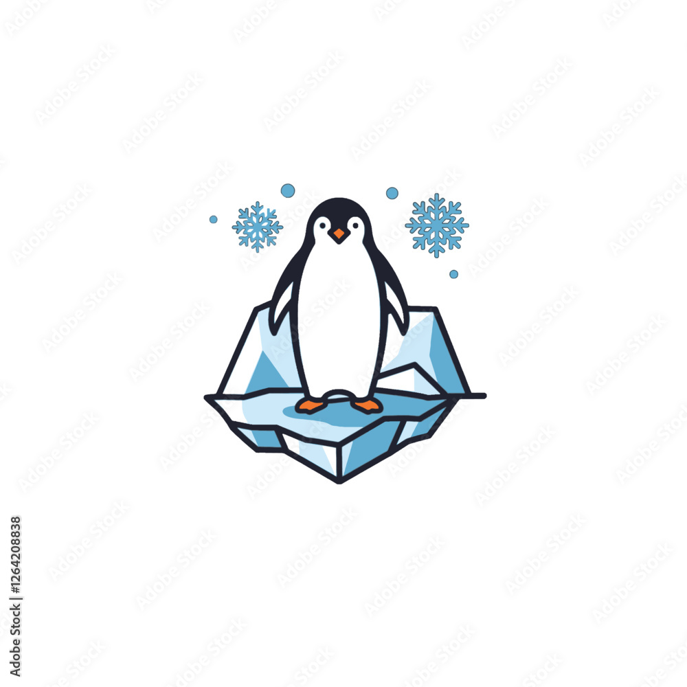 Obraz premium Cute Penguin Standing on Iceberg with Snowflakes in Winter Animation