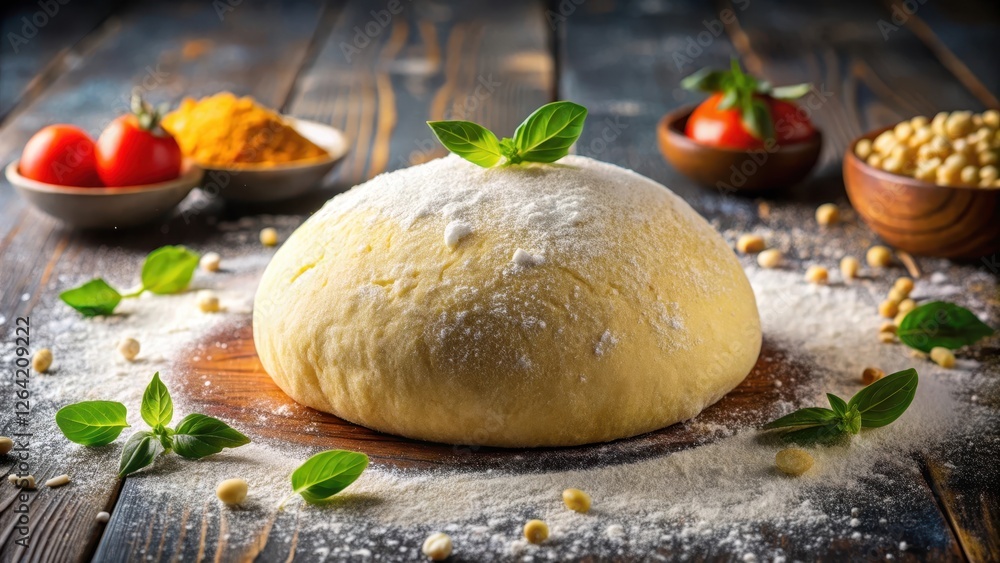 Fototapeta premium A perfectly formed sphere of soft and airy pizza dough, dusted lightly with cornmeal, ready to be topped with a variety of savory ingredients , food styling, culinary arts