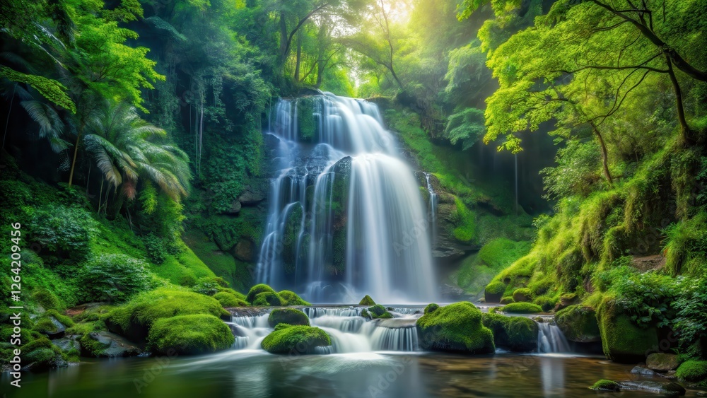 Waterfall cascading through lush green forest , serene scene, cascade,  serene scene, cascade, forest, peaceful