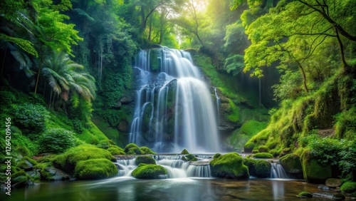 Waterfall cascading through lush green forest , serene scene, cascade,  serene scene, cascade, forest, peaceful