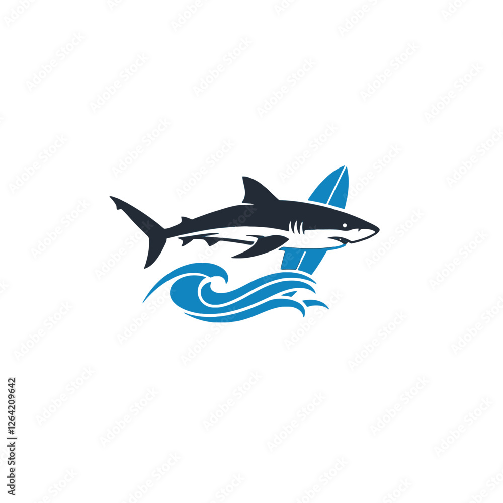 Obraz premium Dynamic Shark Logo With Ocean Waves and Surfboard in Illustration