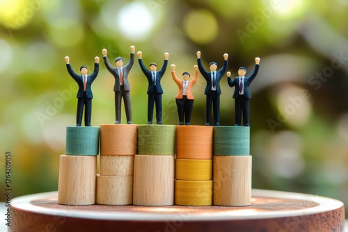 成功を祝うミニチュアビジネスチーム（チームワーク・キャリアの成長・協力・成功・ビジネス戦略）