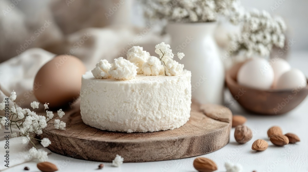 Fototapeta premium Creamy Delights: A rustic wooden board displays a delectable, small, round cheesecake adorned with delicate white flowers, accompanied by eggs and almonds.