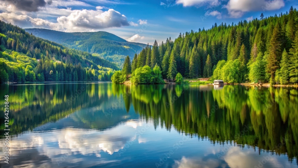 Obraz premium Lush greenery surrounds a serene lake at Titisee in the Black Forest