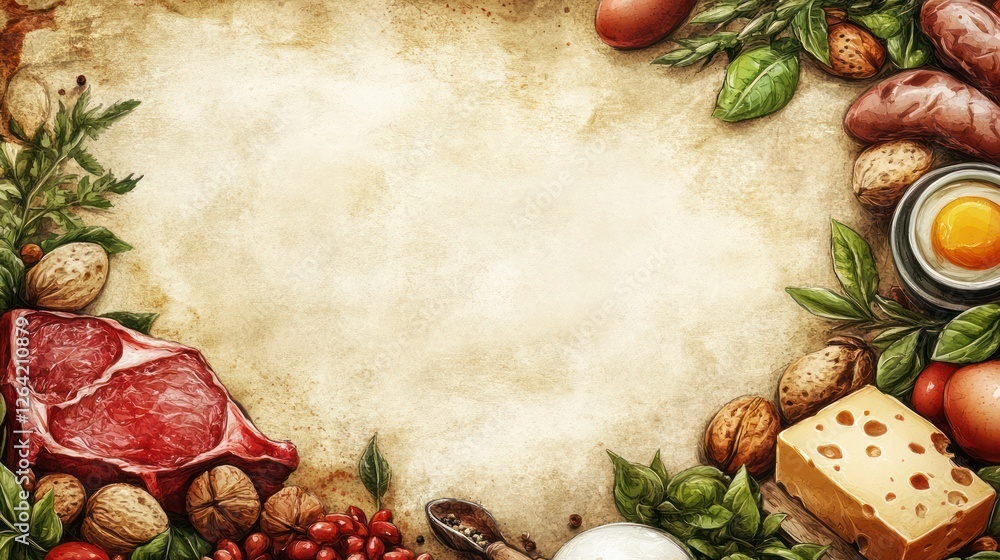 Ketogenic Diet Food Frame: A  delicious and nutritious spread of ketogenic diet friendly foods arranged artfully around a parchment background,  leaving ample space for text or branding.