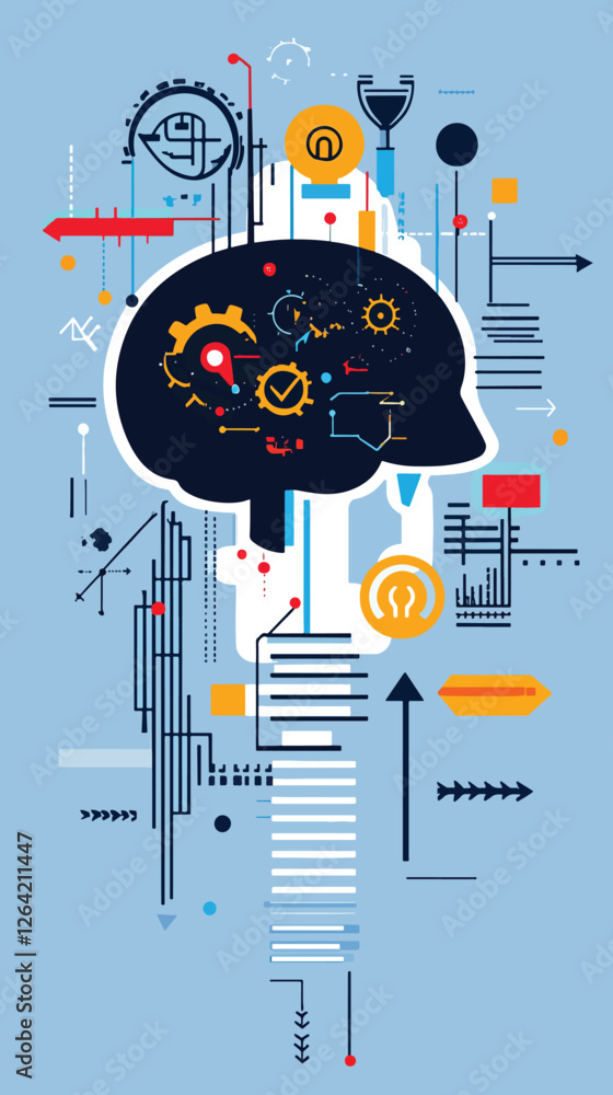 Fototapeta premium Abstract Learning Concepts Icon Set Brain Gears and Growth Symbols, Continuous Learning