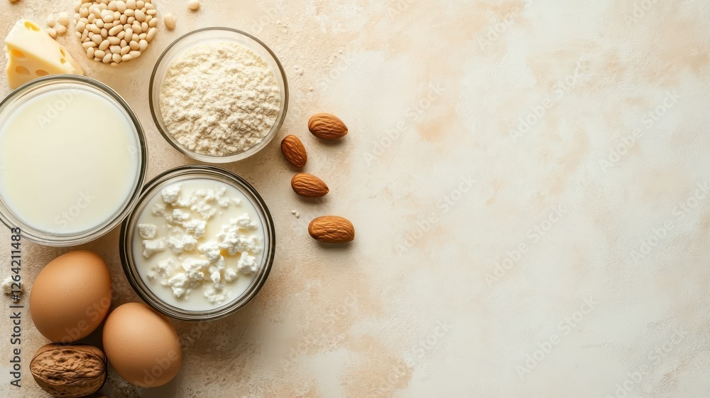 Protein Power: A balanced and beautiful selection of protein-rich ingredients for a nutritious and healthy meal. Featuring milk, cottage cheese, eggs, almonds, oatmeal. Protein Power: A balanced and beautiful selection of protein-rich ingredients for a nutritious and healthy meal. Featuring milk, cottage cheese, eggs, almonds, oatmeal.