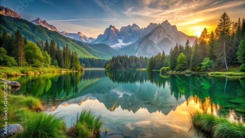 Serene alpine lake surrounded by towering mountains and lush greenery at sunrise, outdoor scene, serene landscape