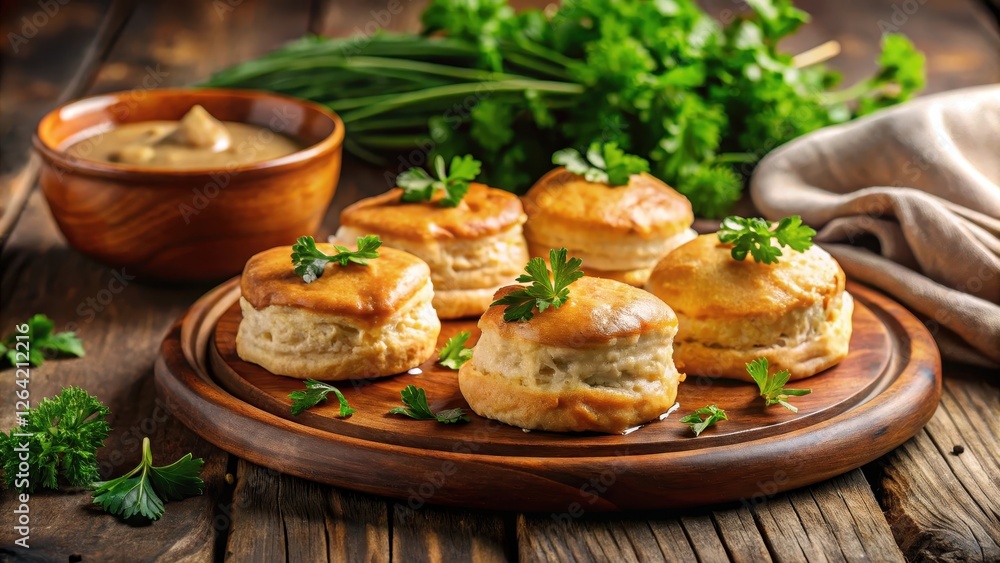 Warm, golden-brown biscuits served with rich Warm, golden-brown biscuits served with rich
