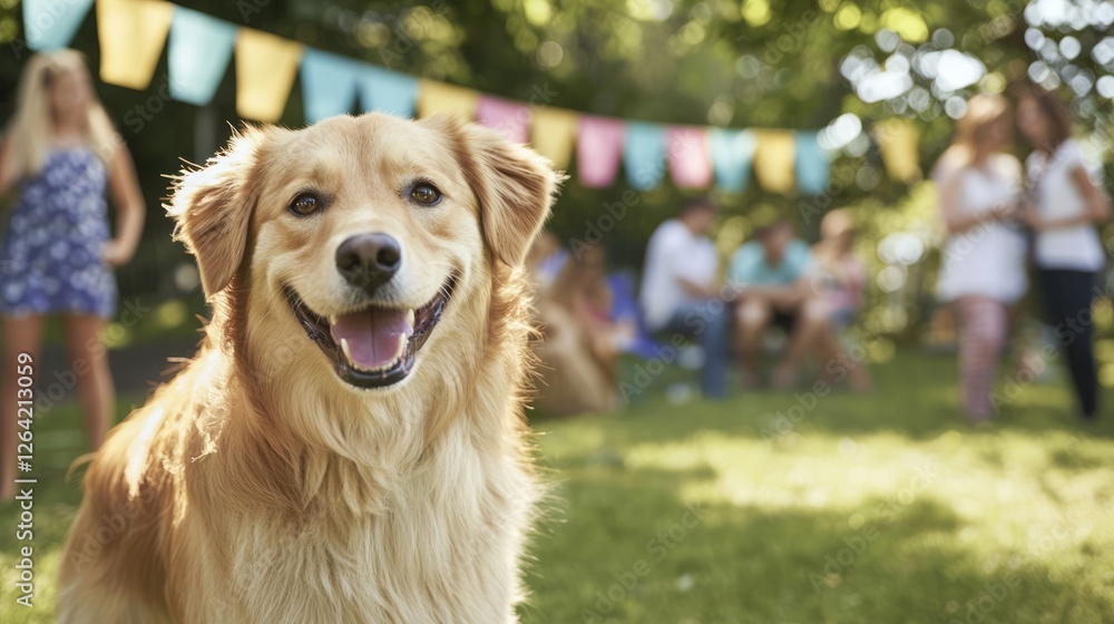Happy Golden Retriever at a Community Pet Adoption Event Outdoors Happy Golden Retriever at a Community Pet Adoption Event Outdoors