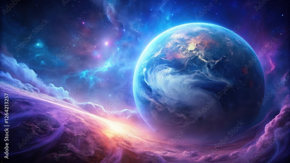 swirling purple clouds of gas and dust enveloping a glowing blue planet , atmosphere, rendering, atmosphere swirling purple clouds of gas and dust enveloping a glowing blue planet , atmosphere, rendering, atmosphere