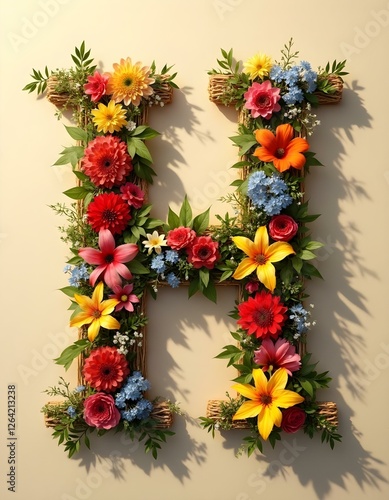 letter,HA, floral, flowers, vibrant, colorful, artistic, elegant, design, organic, natural, red, yellow, pink, blue, white, blooms, green, leaves, accents, beige, background, soft, texture, warm, 