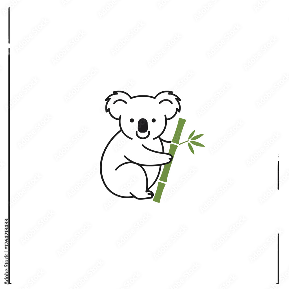 Fototapeta premium Illustrated Koala Embracing Bamboo in Minimalist Design on a White Background