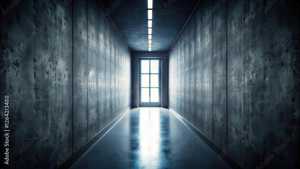 A narrow dark corridor with a single window at the end showing a faint light through the glass, isolation, quiet, isolation A narrow dark corridor with a single window at the end showing a faint light through the glass, isolation, quiet, isolation