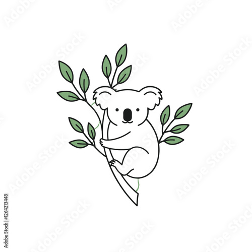 Adorable Cartoon Koala Climbing a Tree with Green Leaves in a Minimalist Style