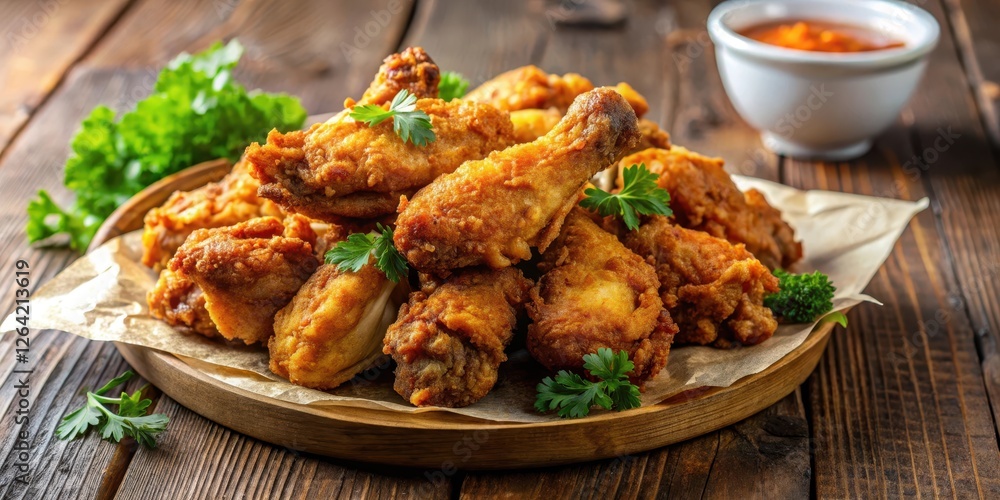 Crunchy fried chicken wings baked in a deep fryer until golden brown and crispy outside, juicy and flavorful inside, chicken, fried Crunchy fried chicken wings baked in a deep fryer until golden brown and crispy outside, juicy and flavorful inside, chicken, fried