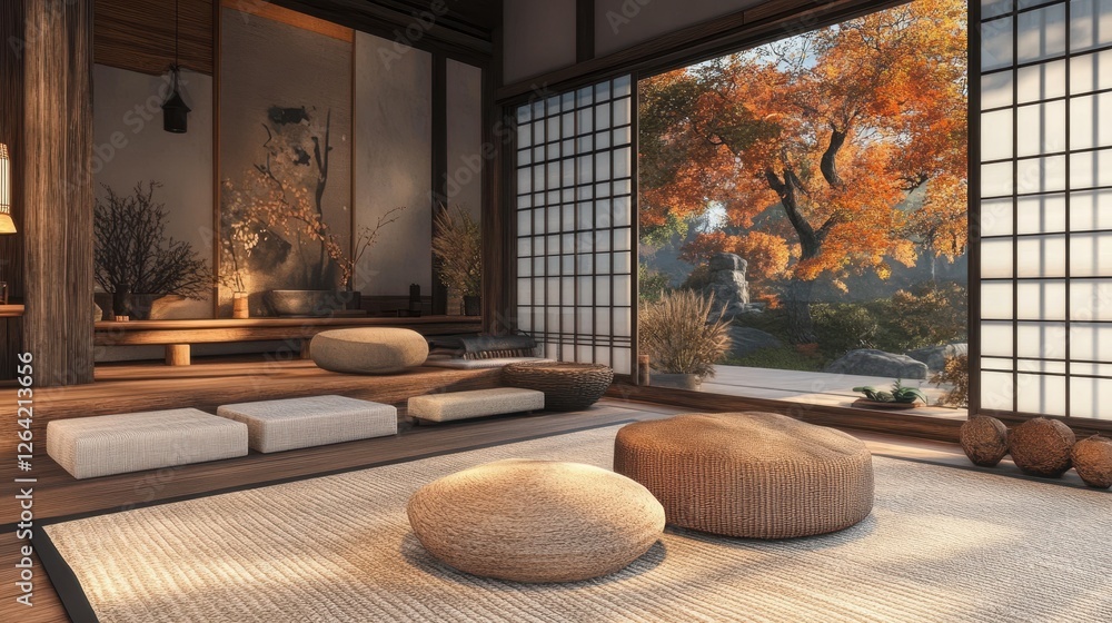 Fototapeta premium Japanese zen room with autumn garden visible through shoji screen