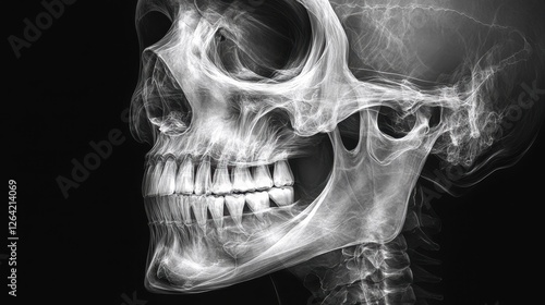 A high-resolution X-ray scan of a human skull, showing detailed bone structures, teeth, and jaw alignment in a medical imaging style.