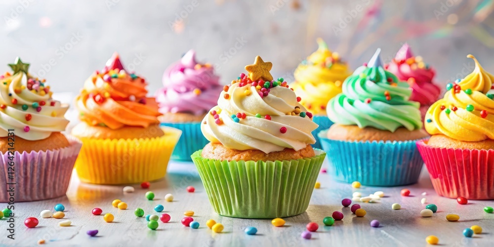 Colorful birthday cupcakes sitting on a table surrounded by a light background, with a few sprinkles and decorations scattered around them, celebration, dessert Colorful birthday cupcakes sitting on a table surrounded by a light background, with a few sprinkles and decorations scattered around them, celebration, dessert