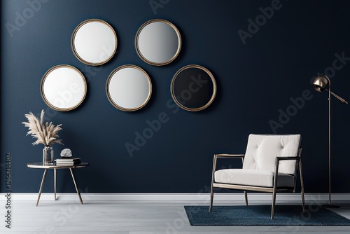 Modern minimalist dark living room, navy blue wall, decor mirrors, 3D.