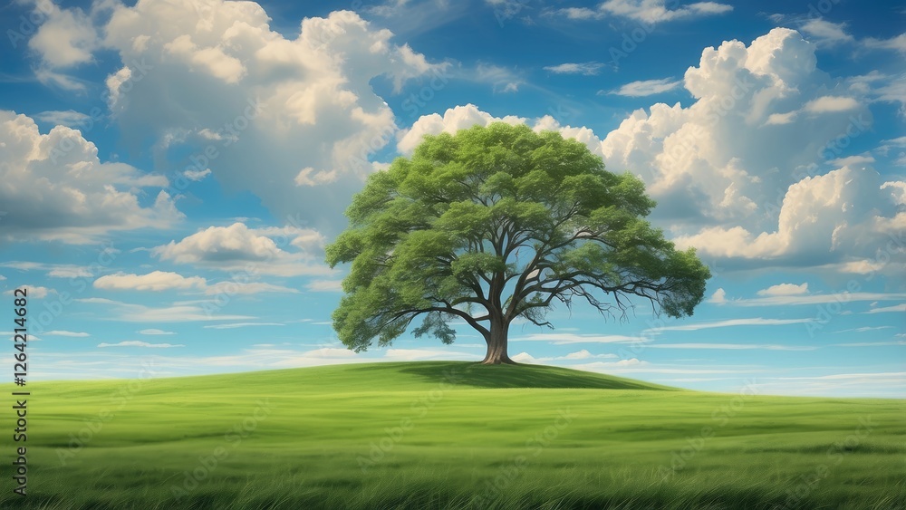 Obraz premium Panoramic View: Green Hills and Meadows Beneath Blue Skies and White Clouds (AI-Generated)