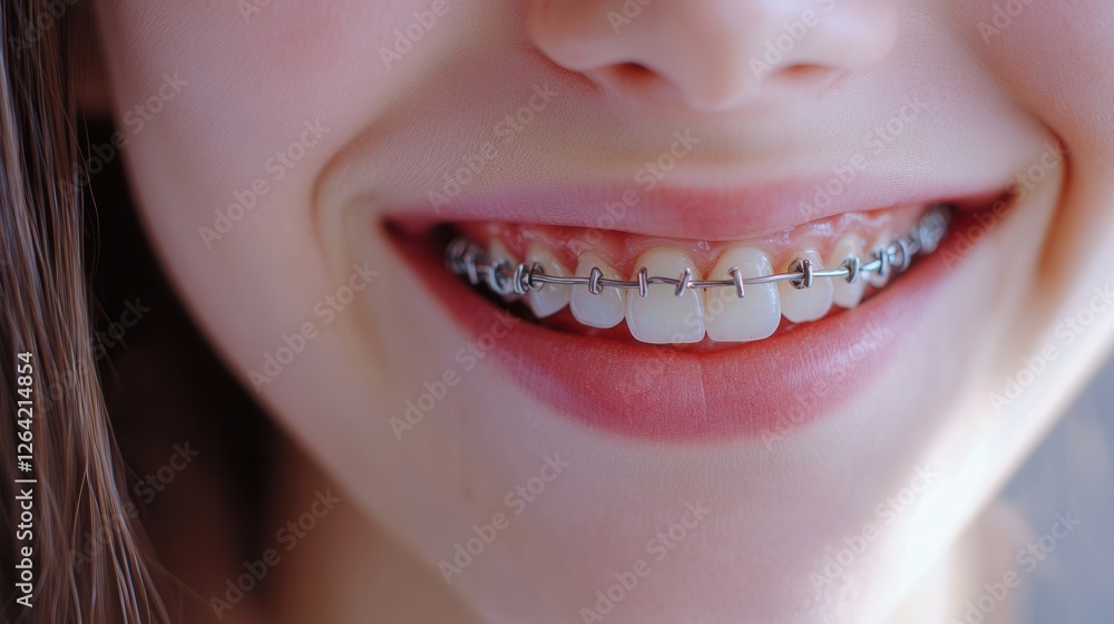 Fototapeta premium A detailed close-up of a smiling person with braces, showcasing the precision of modern orthodontics. Soft lighting enhances the shine of teeth and metal brackets.