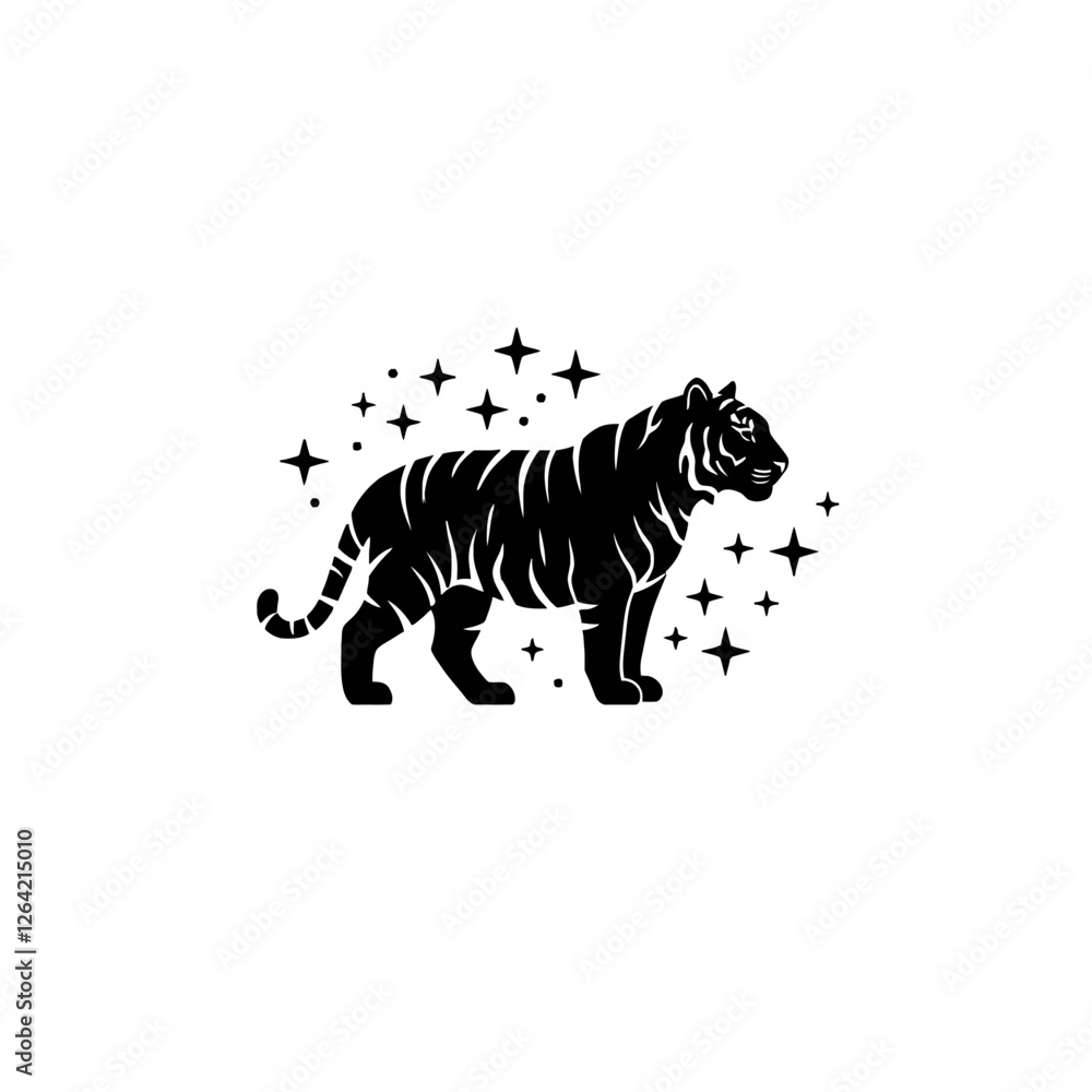 Naklejka premium Black Silhouette of a Tiger with Sparkling Stars on a White Background